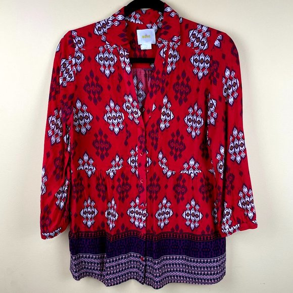 Maeve Woodland Walk Ikat Tribal Button-down Top 6 - Picture 2 of 12
